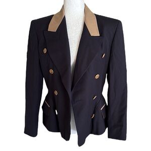 Escada Vintage Navy Blue and Tan Double Breasted Fitted Wool Blazer - S